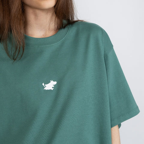 4. Close-up of women's green Moomin Classics heavy t-shirt with white Moomin logo