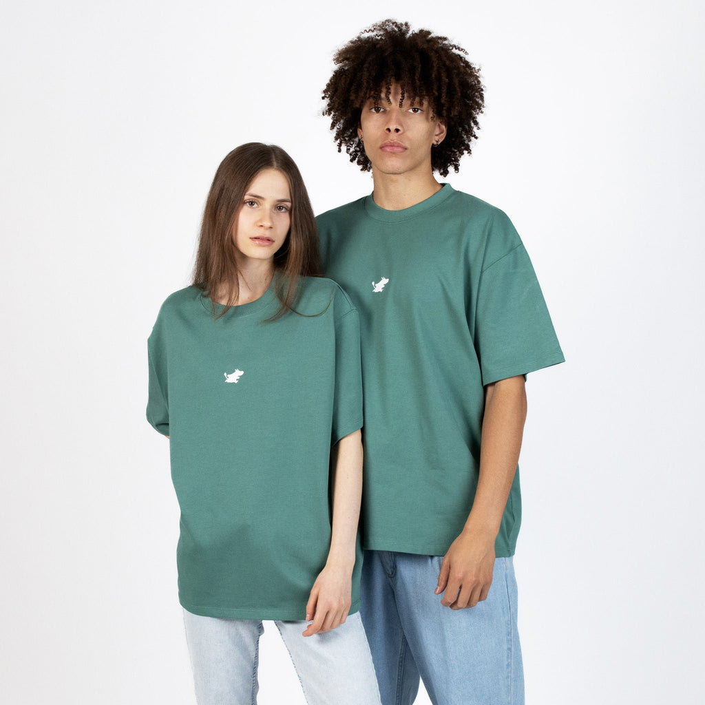 6. Studio shot of unisex green Moomin Classics heavy t-shirt highlighting heavy cotton fabric and fit