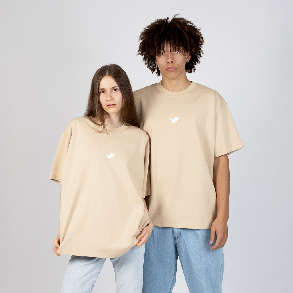 1. Unisex beige Moomin Classics heavy t-shirt worn by male and female models in studio
