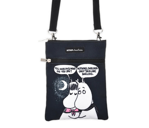 1. Moomin Love Neck Bag in black featuring Moomin characters with speech bubbles, adjustable strap, and secure zip closure, made from 100% polyester by Moomin by NordicBuddies