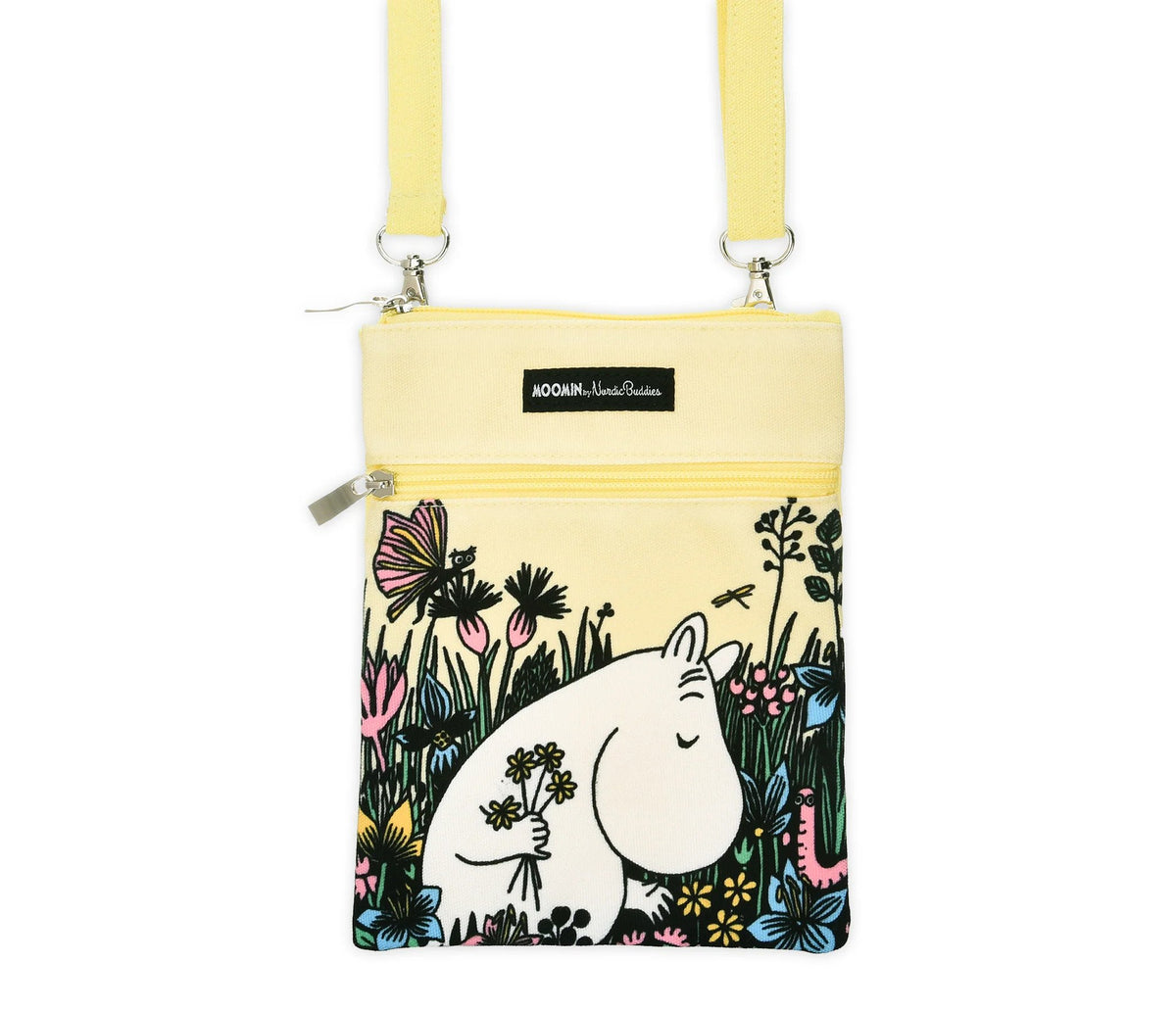 1. Moomin by NordicBuddies beige neck bag featuring Moomintroll picking flowers, made of 100% polyester, with adjustable strap and compact design