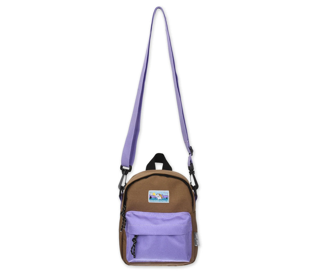 3. Studio shot of Moomin by NordicBuddies Moomintroll Adventure Cross Body Bag in brown and lilac, showing full length of adjustable strap