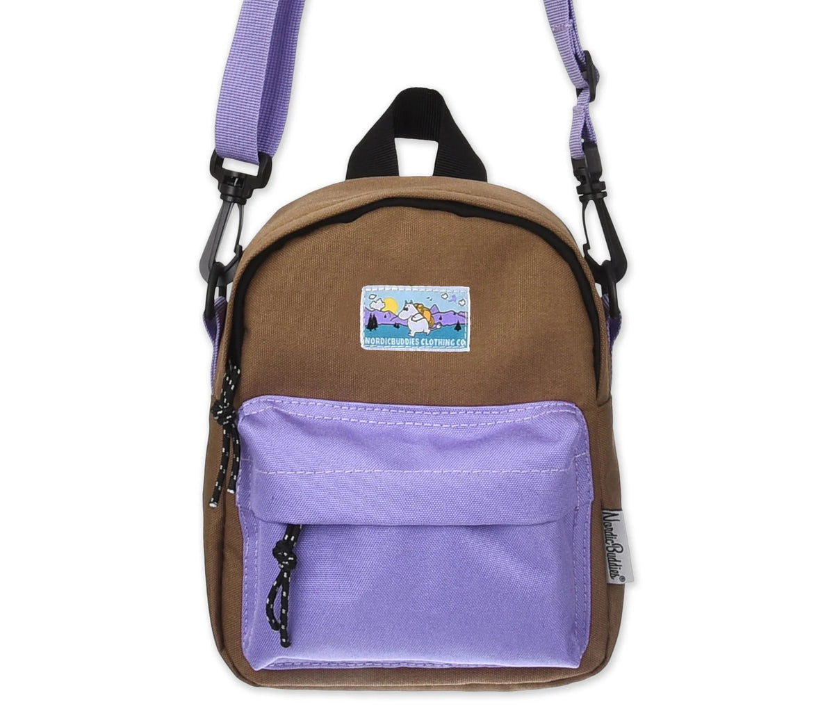 1. Moomin by NordicBuddies Moomintroll Adventure Cross Body Bag in brown and lilac, front view with adjustable strap and multiple pockets