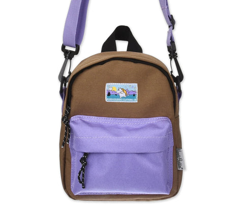 1. Moomin by NordicBuddies Moomintroll Adventure Cross Body Bag in brown and lilac, front view with adjustable strap and multiple pockets