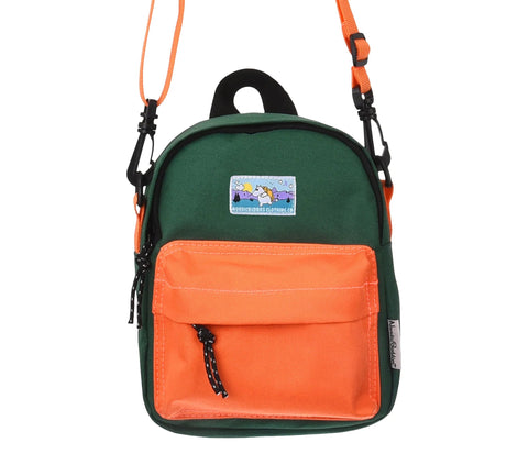 1. Moomin by NordicBuddies Moomintroll Adventure Cross Body Bag in dark green and orange, front view with multiple pockets and adjustable strap