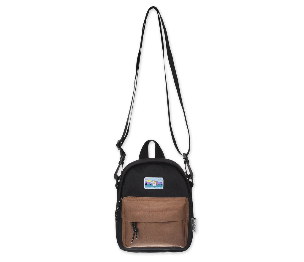 2. Moomintroll Adventure Cross Body Bag in black and brown with adjustable strap, shown in full view