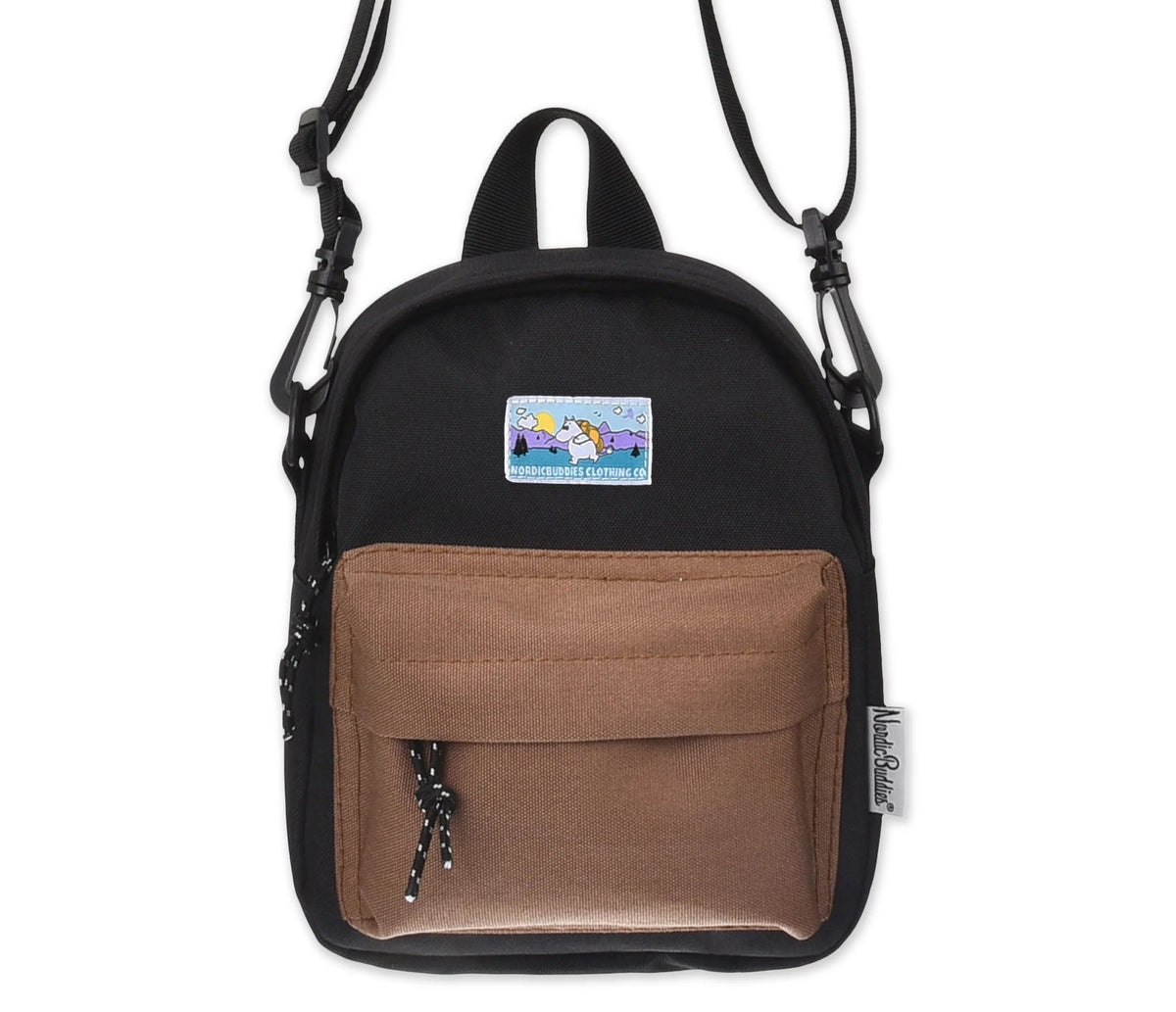 1. Moomintroll Adventure Cross Body Bag in black and brown with front pocket and Moomin patch, studio shot