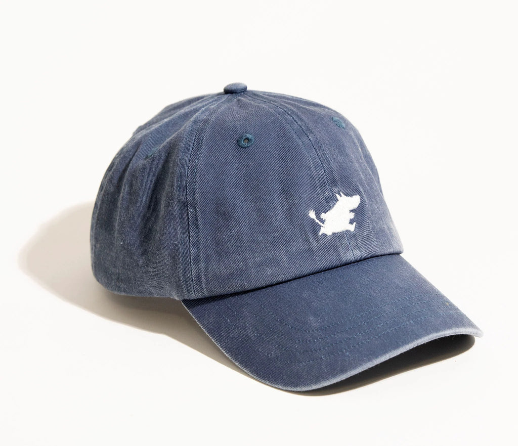 5. Studio shot of Moomintroll washed denim cap in blue with embroidered logo