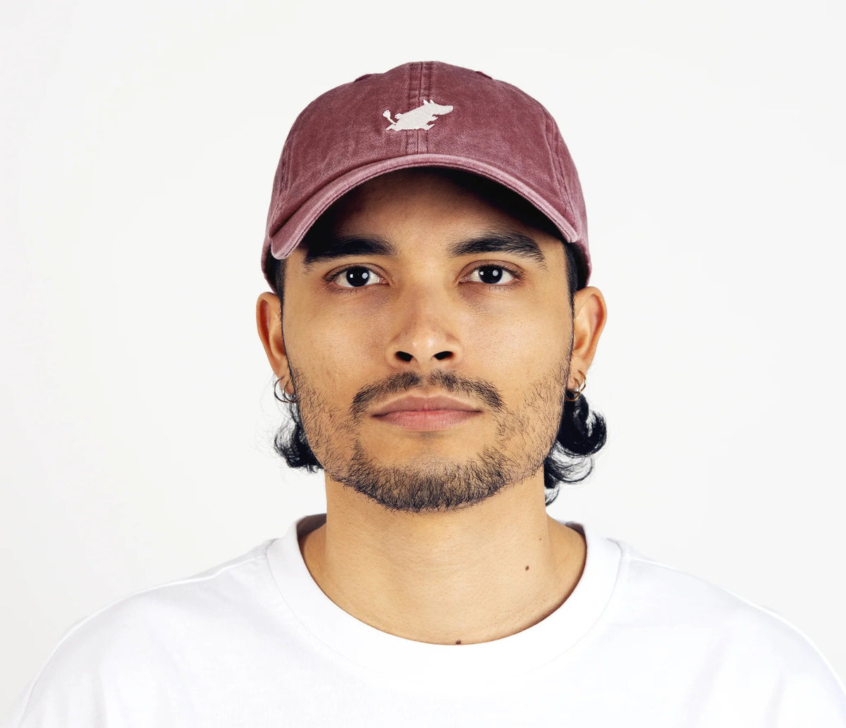 4. Man wearing Moomintroll washed denim cap in burgundy by NordicBuddies, front view