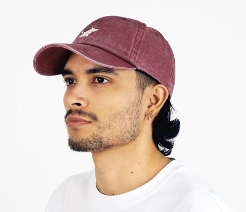 2. Man wearing Moomintroll washed denim cap in burgundy by NordicBuddies, side view