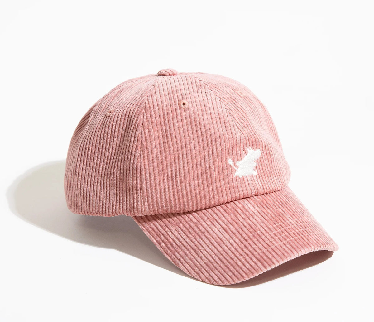 5. Studio shot of pink Moomintroll corduroy cap with white logo