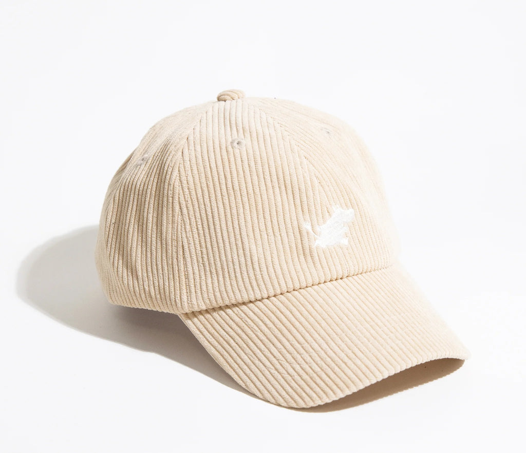 5. Studio shot of Moomintroll corduroy cap in sand color, showing front and side