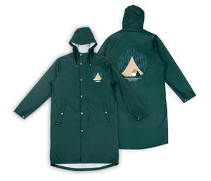 7. Unisex Moomin Adventure Rain Jacket in dark green, front and back view with hood and tent graphic