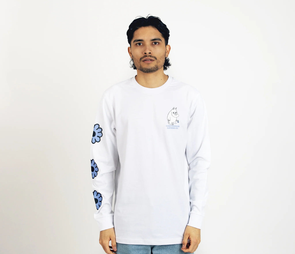 6. Unisex white Moomintroll's Flower longsleeve shirt worn by male model, front view with blue floral sleeve design and cuffrib