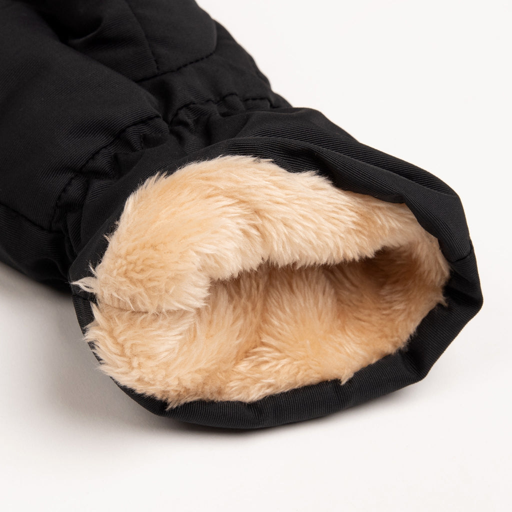 2. Close-up of Moomintroll Puffer Mittens showing soft fleece lining in beige