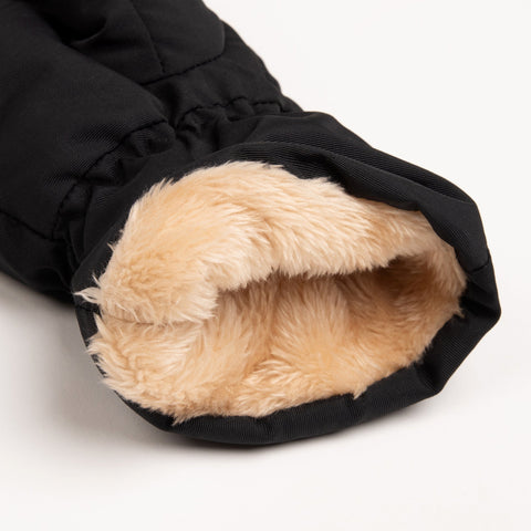 2. Close-up of Moomintroll Puffer Mittens showing soft fleece lining in beige