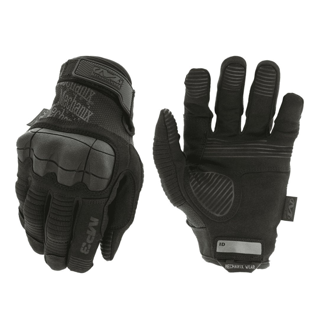 4. Pair of black Mechanix M-Pact 3 gloves showing front and back views with reinforced knuckles and palm