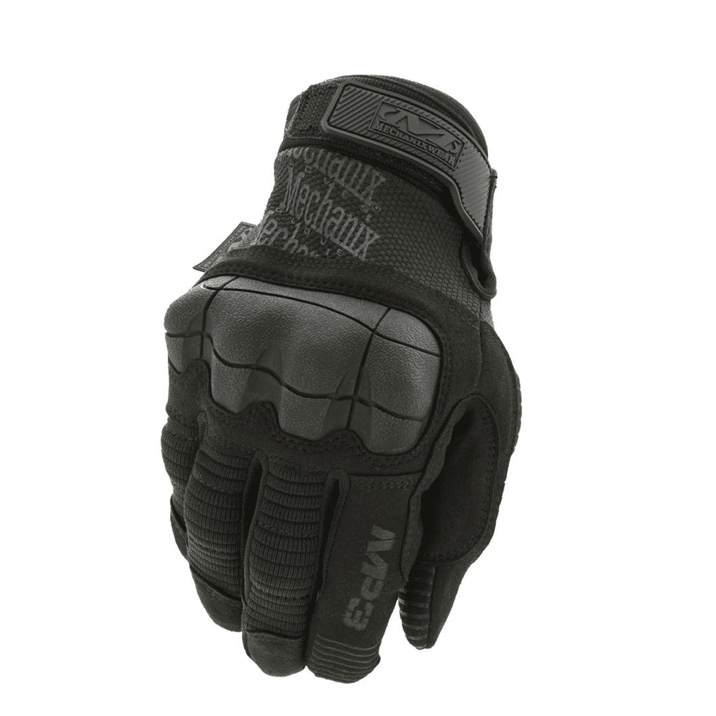 2. Black Mechanix M-Pact 3 tactical glove with reinforced knuckles and Mechanix logo on wrist, shown in studio