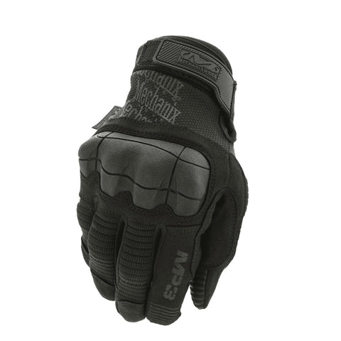 2. Black Mechanix M-Pact 3 tactical glove with reinforced knuckles and Mechanix logo on wrist, shown in studio