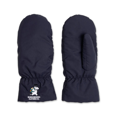 1. Moomin by NordicBuddies navy Moominpappa puffer mittens for adults, featuring embroidered Moomin character and NordicBuddies logo, shown in studio