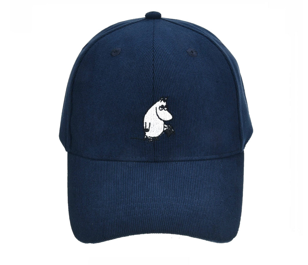 2. Front view of navy Moominpappa corduroy cap with Moomin logo embroidery