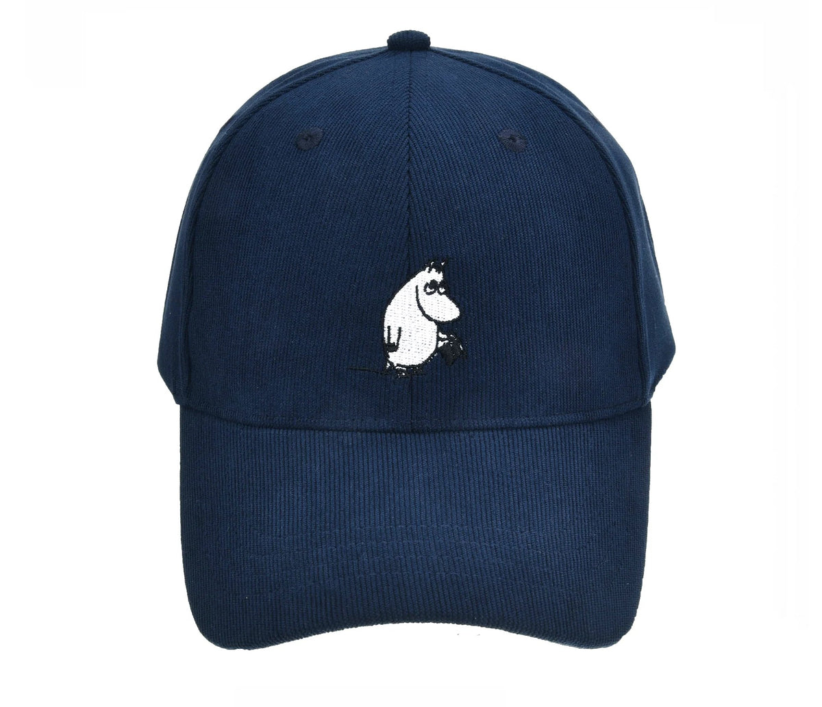 2. Front view of navy Moominpappa corduroy cap with Moomin logo embroidery
