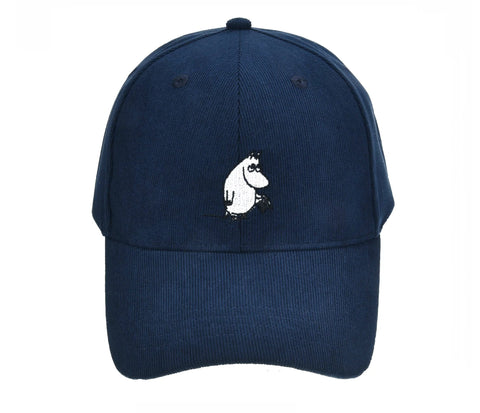 2. Front view of navy Moominpappa corduroy cap with Moomin logo embroidery