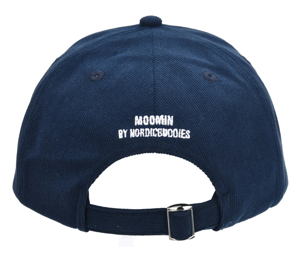 5. Back view of navy Moominpappa corduroy cap showing adjustable strap and Moomin branding
