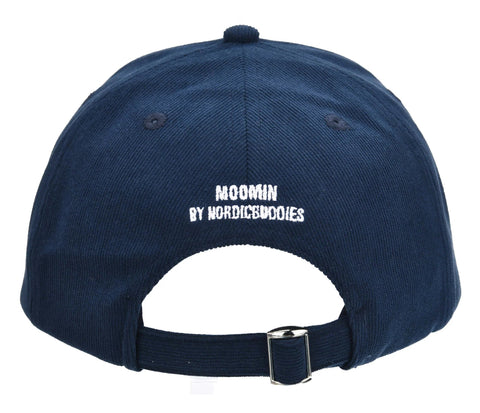 5. Back view of navy Moominpappa corduroy cap showing adjustable strap and Moomin branding