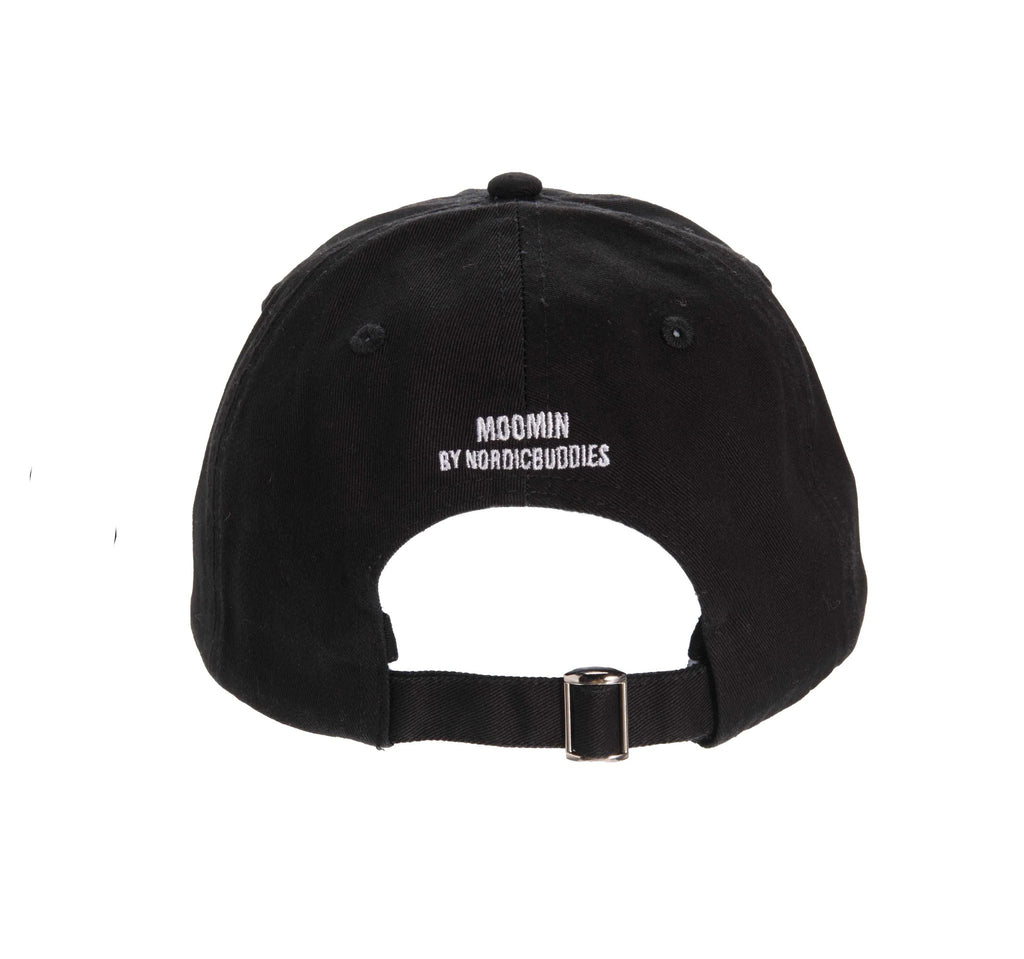 3. Back view of The Groke Adult Cap in black by Moomin, showing adjustable strap and brand logo