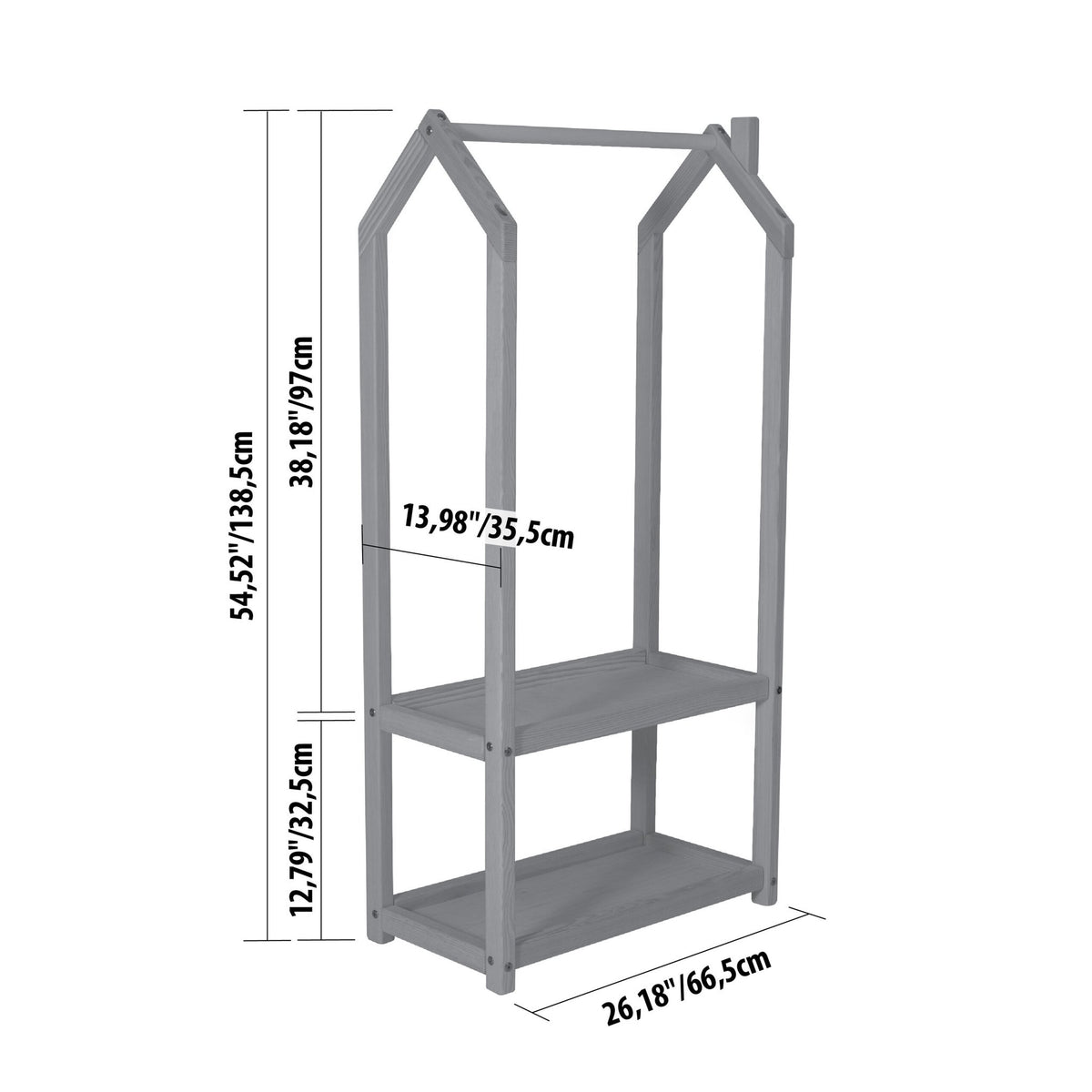 5. Size chart for house-shaped clothing rack showing height, depth, and width in centimeters
