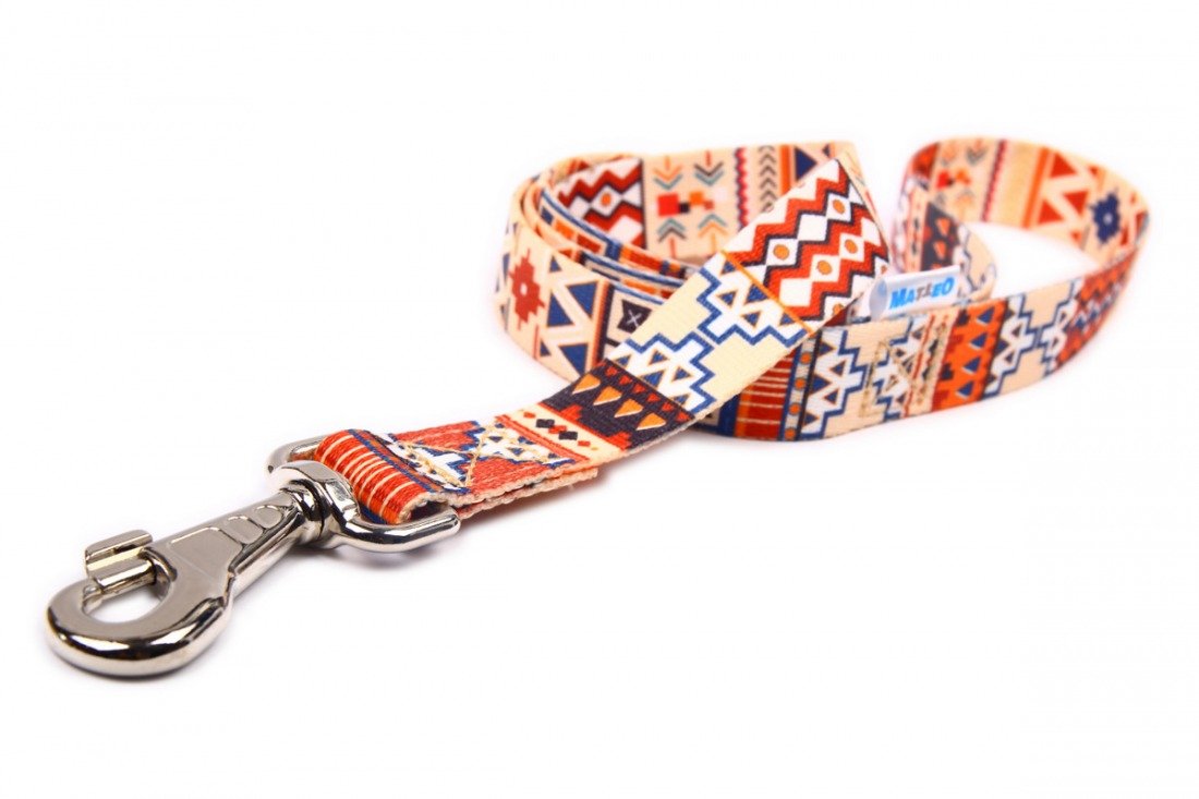 3. Close-up of boho dog leash with colorful geometric patterns and metal carabiner
