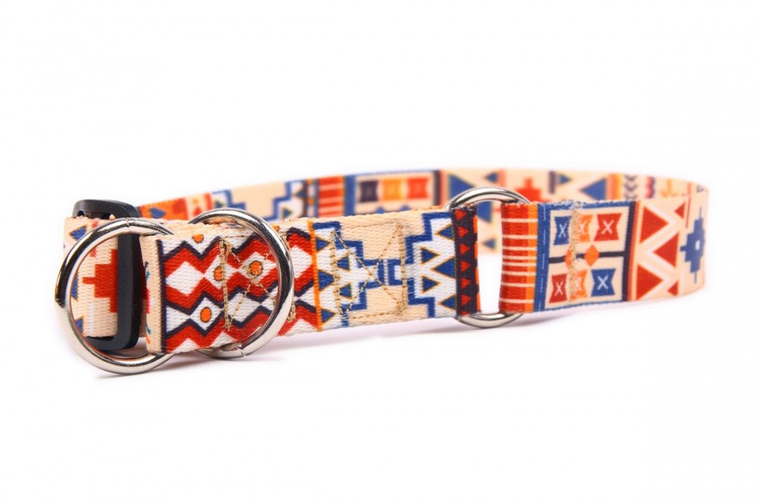 2. Close-up of Matteo Boho dog collar showcasing colorful geometric design and metal hardware on a white background