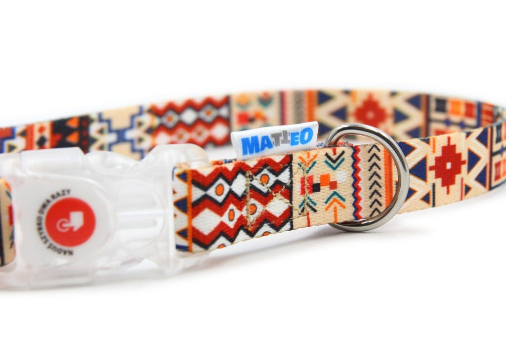 5. Close-up of Matteo Boho dog collar with colorful pattern and LED buckle