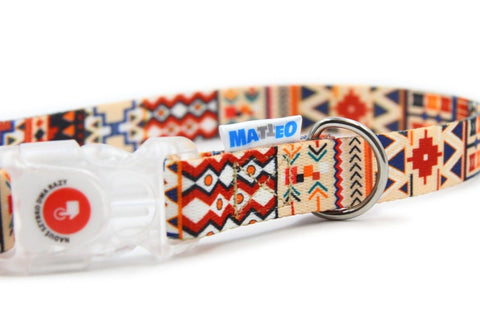 5. Close-up of Matteo Boho dog collar with colorful pattern and LED buckle