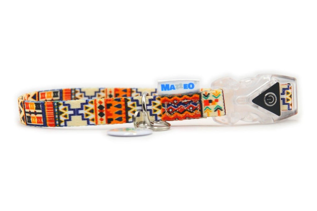 2. Matteo Boho dog collar with vibrant tribal print and LED buckle on white background
