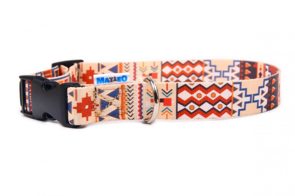 5. Matteo Boho Collection dog collar with colorful geometric pattern and black plastic buckle on white background