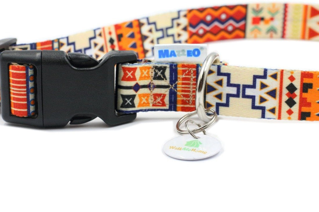 6. Close-up of Matteo Boho Collection dog collar showing colorful pattern and metal ring
