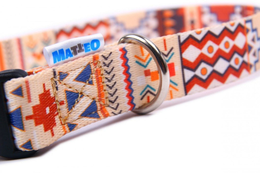 14. Close-up of Matteo Boho Collection dog collar showing colorful pattern and metal ring