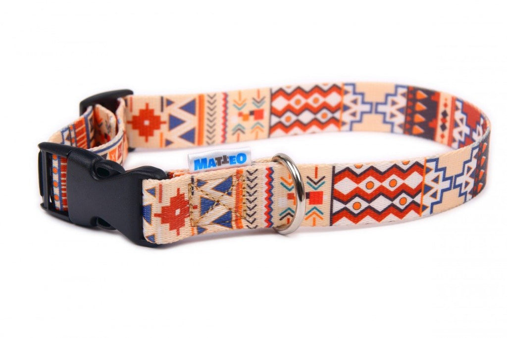 15. Matteo Boho Collection dog collar with colorful geometric pattern and black plastic buckle on white background