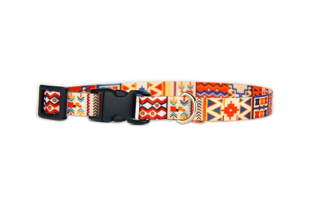 9. Matteo Boho Collection dog collar with colorful geometric pattern and black plastic buckle on white background