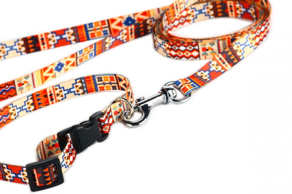 11. Matteo Boho Collection dog leash with colorful geometric pattern and metal clip on white background
