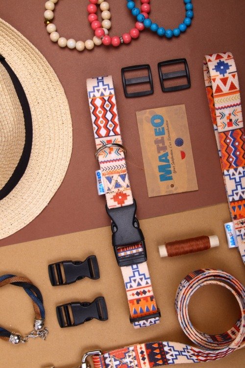 12. Flat lay of Matteo Boho Collection dog collar and accessories with colorful geometric pattern