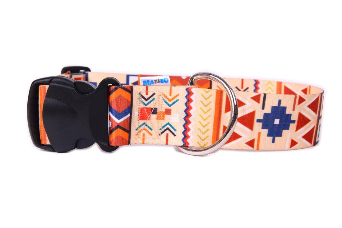 8. Matteo Boho Collection dog collar with colorful geometric pattern and black plastic buckle on white background