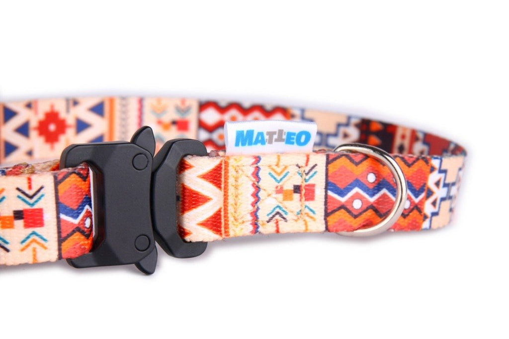 3. Close-up of Matteo boho dog collar with colorful geometric pattern and black plastic buckle