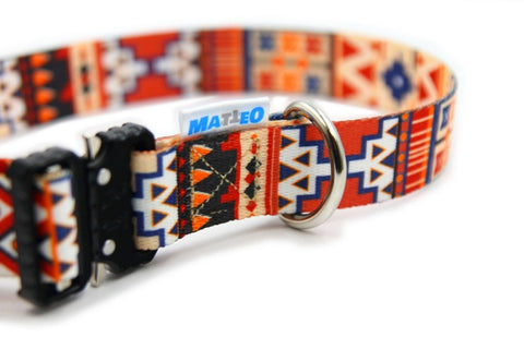 3. Close-up of Matteo boho dog collar showing colorful geometric pattern and nickel-plated ring