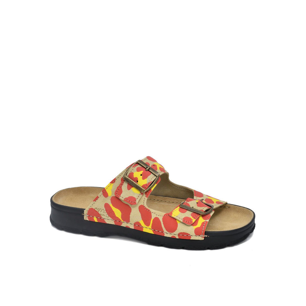 1. Omaking Meeliku Sandals in red and yellow with adjustable buckle straps, shown in studio setting