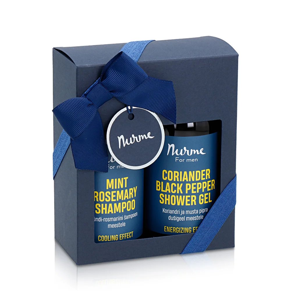 1. Nurme Rosemary and Black Pepper Gift Set for men, featuring Mint Rosemary Shampoo and Coriander Black Pepper Shower Gel in elegant blue packaging with ribbon