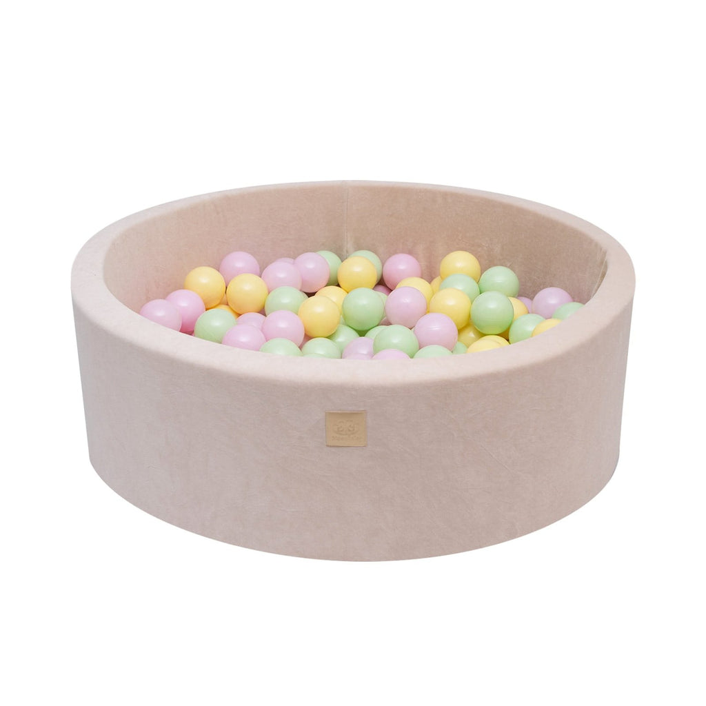 6. Studio shot of beige MeowBaby foam ball pit filled with pastel balls