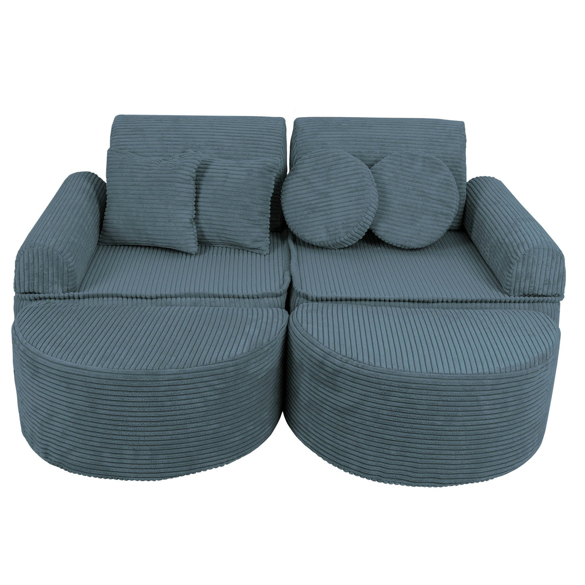 1. Medium modular children's sofa in aesthetic turquoise with ribbed texture, featuring two backrests and multiple cushions, shown in a studio setting